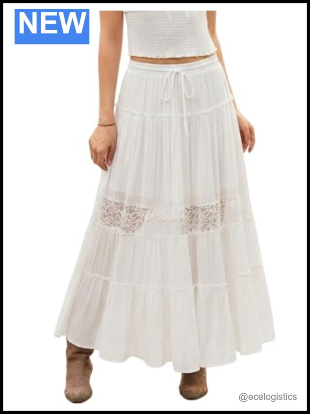 Flowy Lace Trim Maxi Skirt High Waist Tiered Boho Renaissance